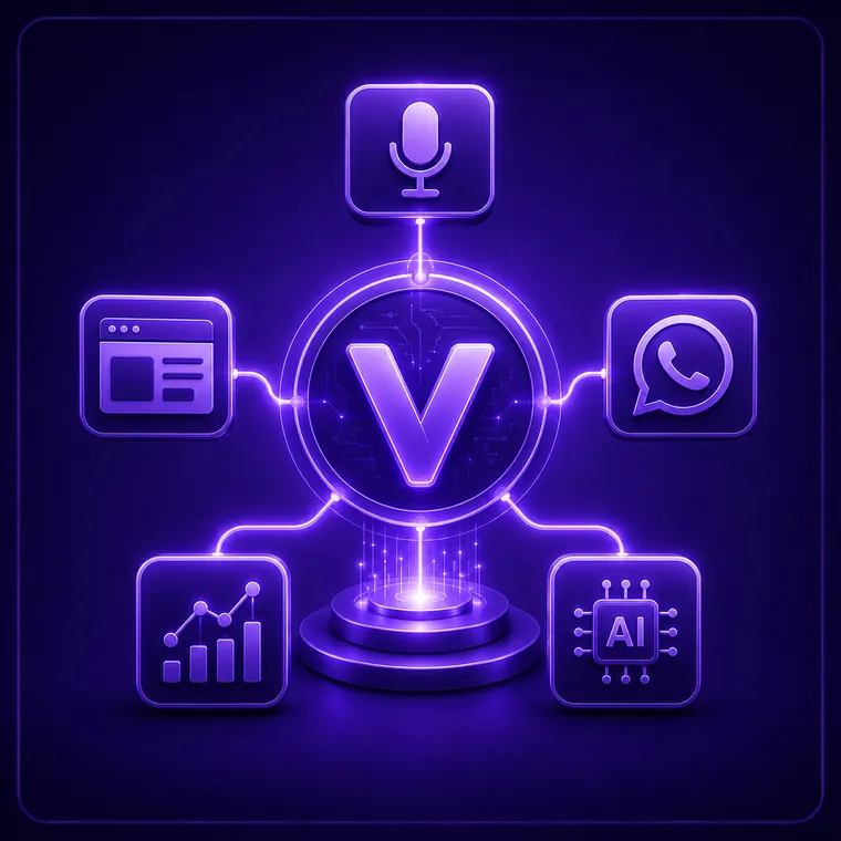 Proprietary Voicecenta AI workforce platform connecting voice, web, messaging, analytics and AI Proprietary Voicecenta platform graphic