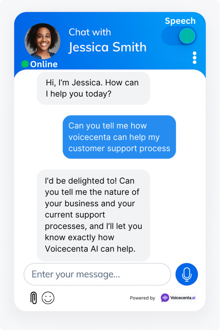 Live chat with Voicecenta AI agent Jessica Smith showing AI chatbot for customer service with voice support and no-code setup.