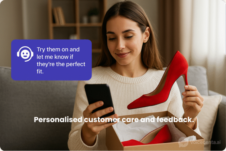 Easy-to-use no-code chatbot builder on screen, showcasing AI chatbots for customer service, WhatsApp Business Chatbot UK, and AI-powered live chat via the Voicecenta AI agent platform.