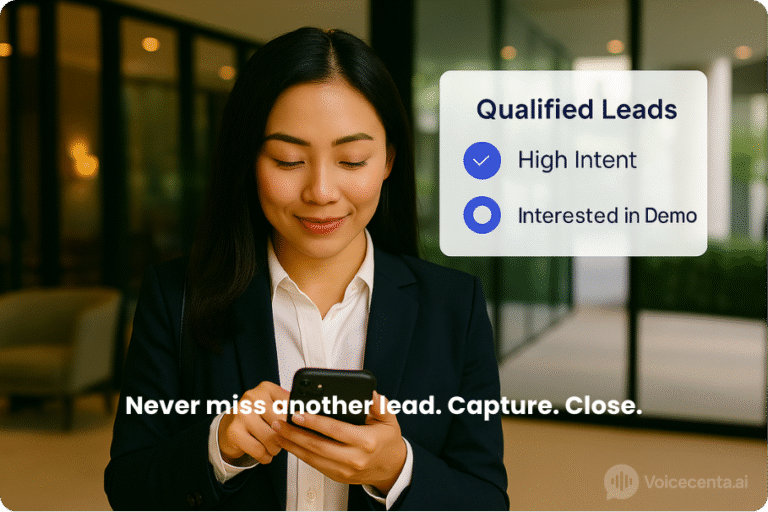 Businesswoman using AI-powered live chat on mobile to qualify leads with Voicecenta’s no-code chatbot builder for customer service and demo requests.