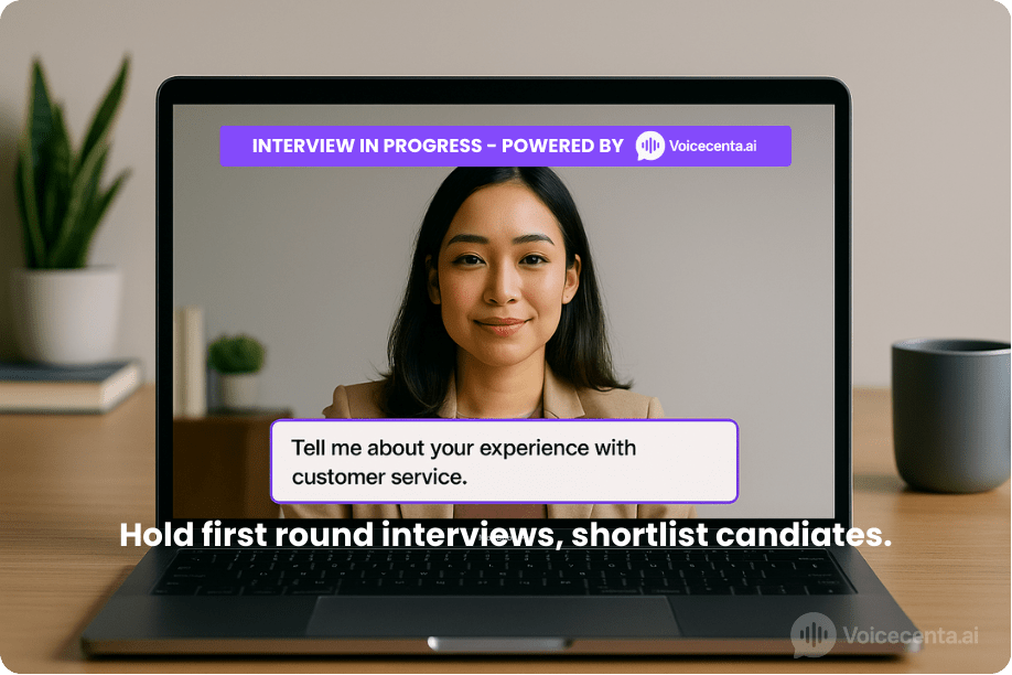 AI agent platform conducting a first-round video interview for customer service candidates using Voicecenta’s no-code chatbot builder.