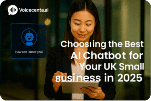 Best AI chatbot for small businesses UK. A young lady talking with chatbot on smartphone.