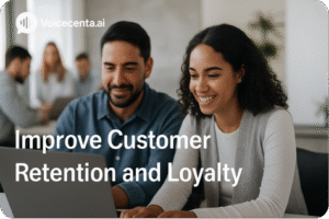Improve Customer Loyalty UK. AI agents customer retention UK – A photo-real image of two professionals smiling and collaborating on a laptop in a modern office, symbolising improved customer engagement and loyalty through AI support.