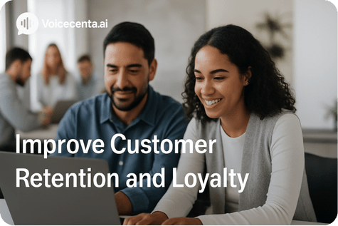 Improve Customer Loyalty UK. AI agents customer retention UK – A photo-real image of two professionals smiling and collaborating on a laptop in a modern office, symbolising improved customer engagement and loyalty through AI support.
