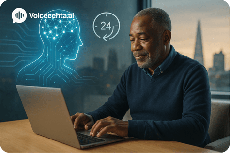 AI Agents for Customer Support assisting UK businesses 24/7 – mature professional using Voicecenta.ai platform on laptop