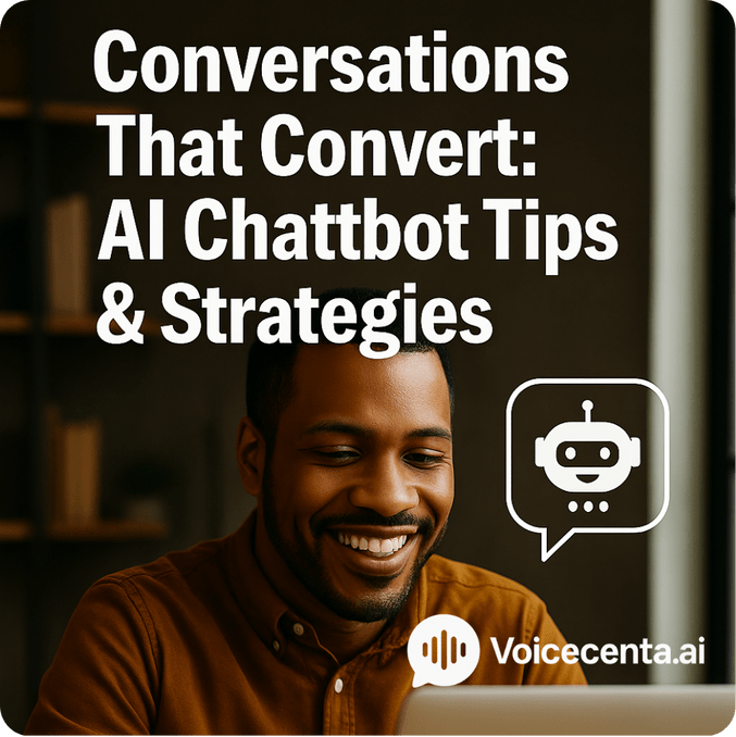 AI Chatbot Tips & Strategies – Smiling man using a laptop with chatbot icon and headline overlay, representing conversational AI success and business automation.