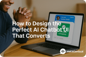 AI chatbot UI. A user viewing sales analytics on a screen showing successful conversions from a VoiceCenta.