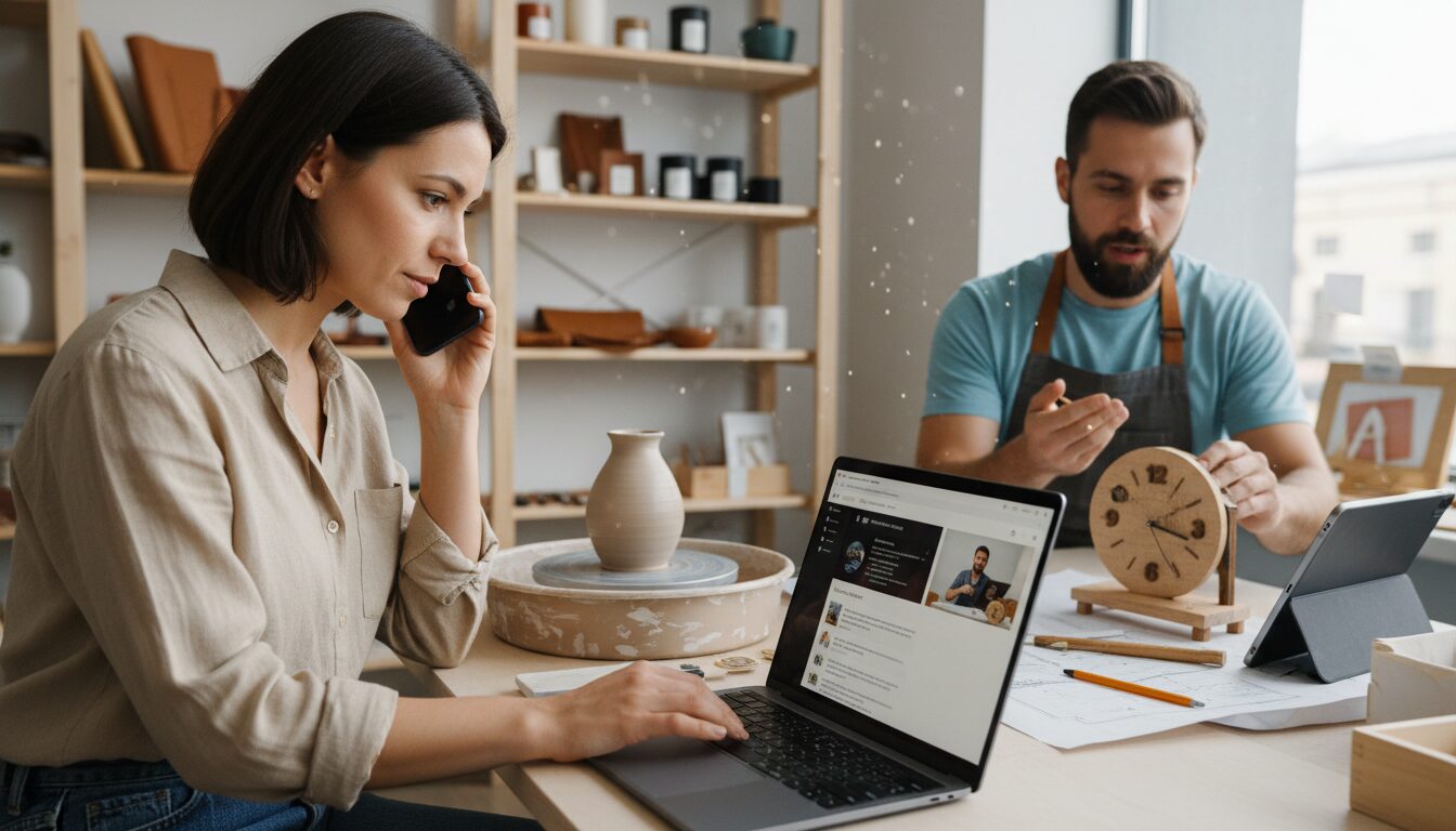 Small business owner handling multiple customer enquiries at once