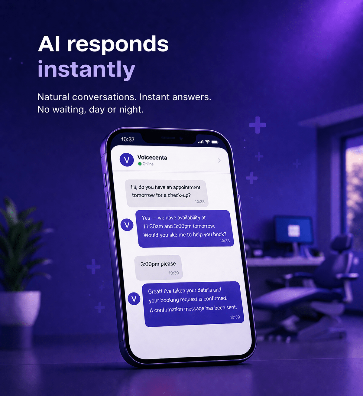 AI chatbot responding instantly to dental patient enquiry with booking options in UK clinic