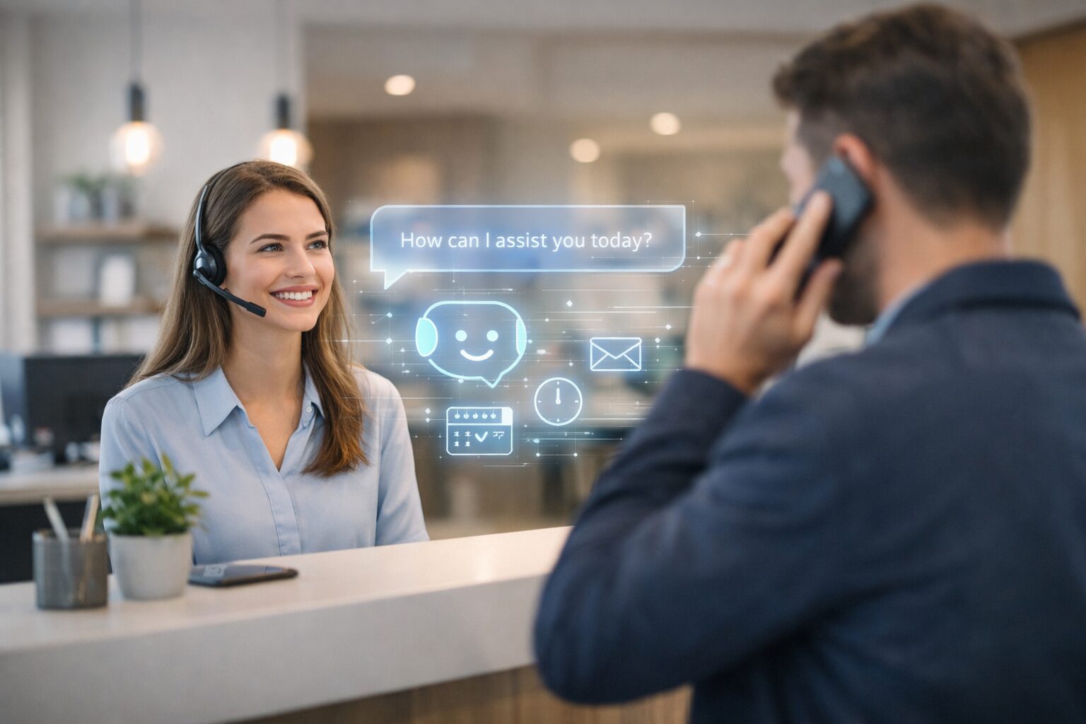 AI receptionist for small business UK handling customer enquiries at front desk