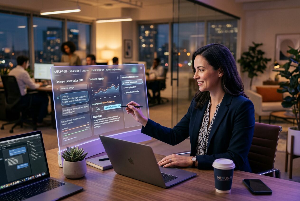Voicecenta AI assistant handing customer support case to human team member in UK business environment