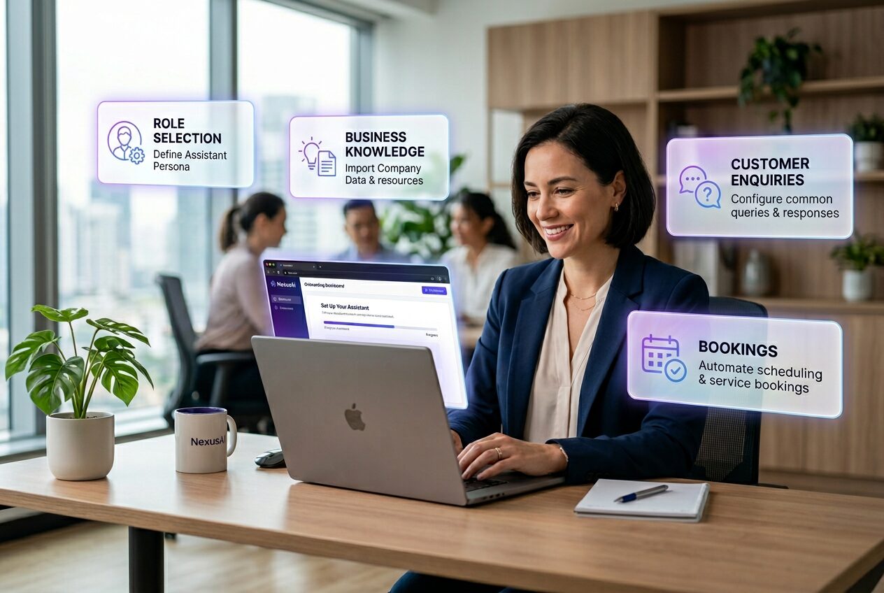 Business owner setting up Voicecenta AI assistant for customer service automation in the UK